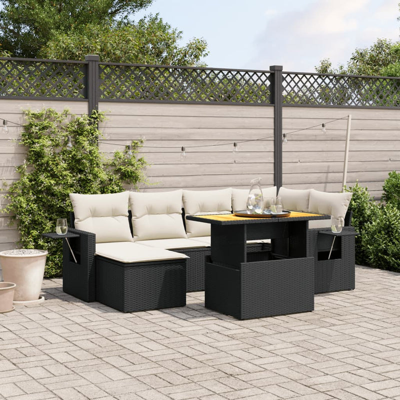 7-delige Loungeset met kussens poly rattan zwart