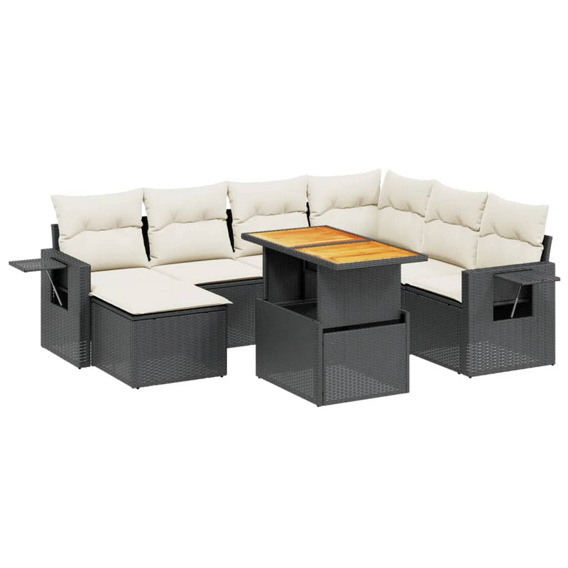 8-delige Loungeset met kussens poly rattan zwart