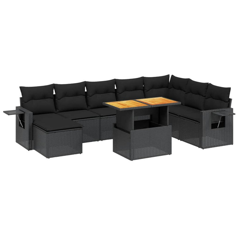 9-delige Loungeset met kussens poly rattan zwart