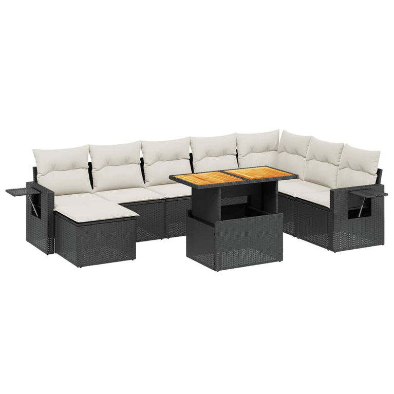 9-delige Loungeset met kussens poly rattan zwart