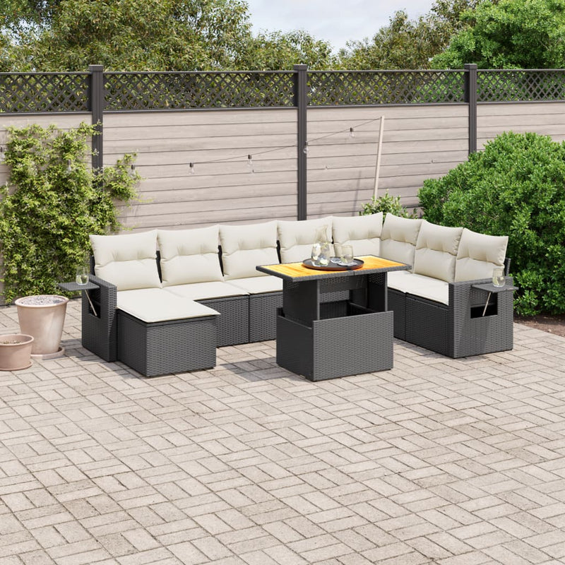9-delige Loungeset met kussens poly rattan zwart