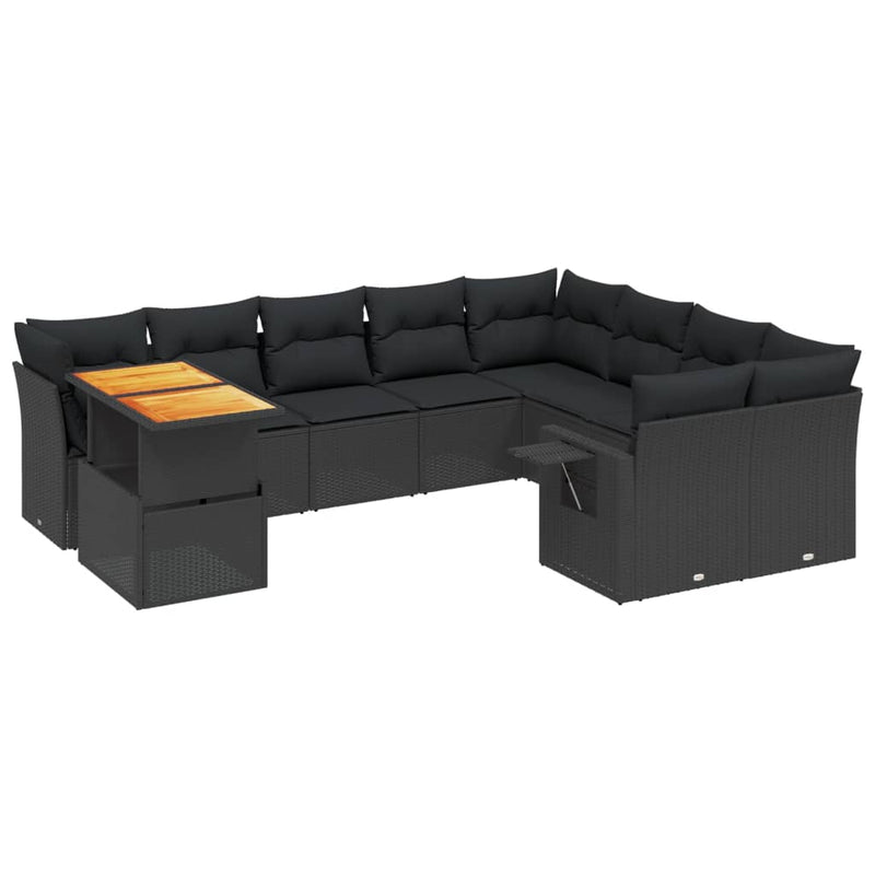 10-delige Loungeset met kussens poly rattan zwart