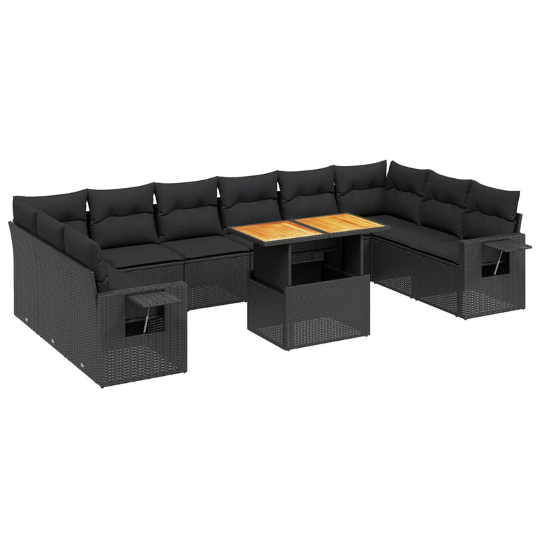 11-delige Loungeset met kussens poly rattan zwart
