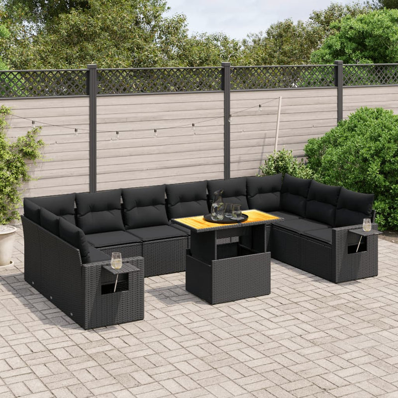 11-delige Loungeset met kussens poly rattan zwart