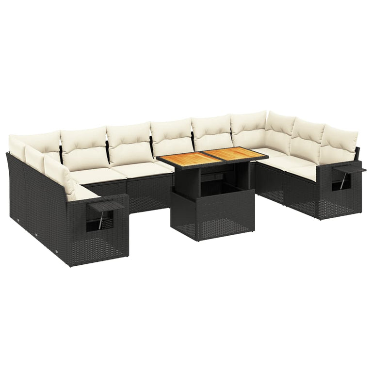 11-delige Loungeset met kussens poly rattan zwart