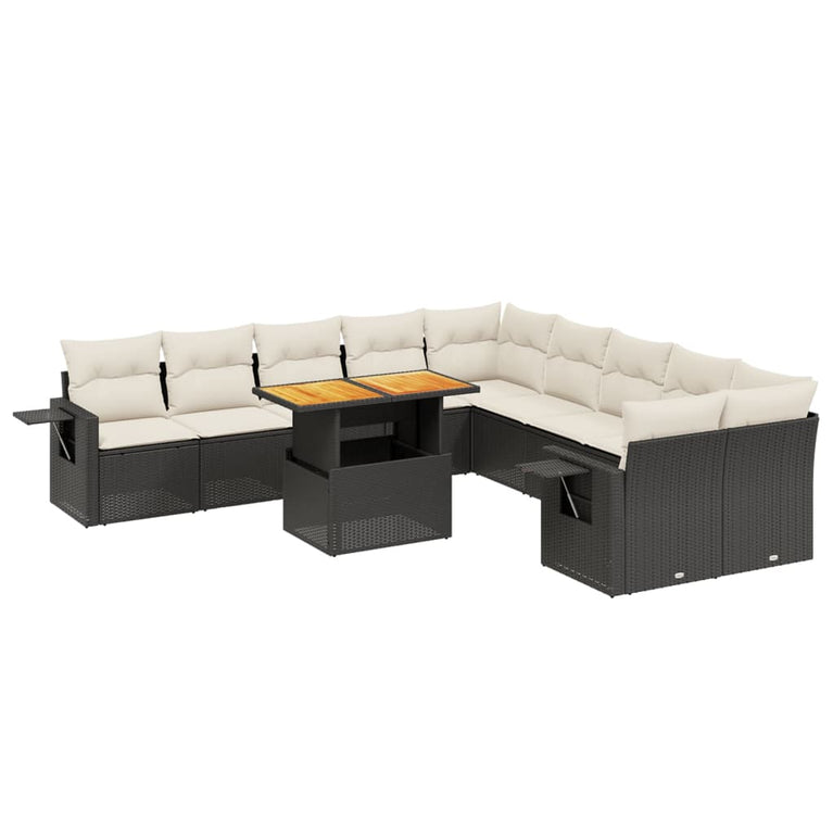 11-delige Loungeset met kussens poly rattan zwart