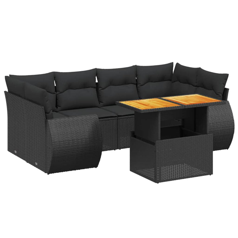 7-delige Loungeset met kussens poly rattan zwart