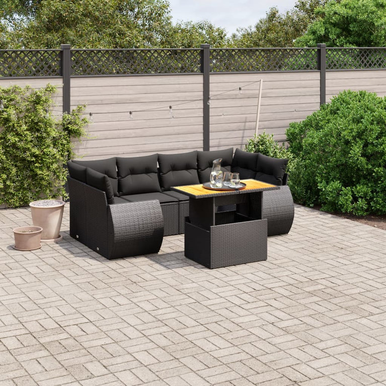 7-delige Loungeset met kussens poly rattan zwart