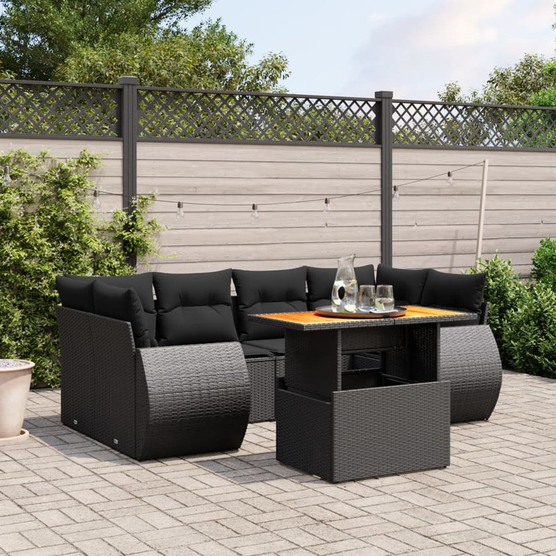 7-delige Loungeset met kussens poly rattan zwart
