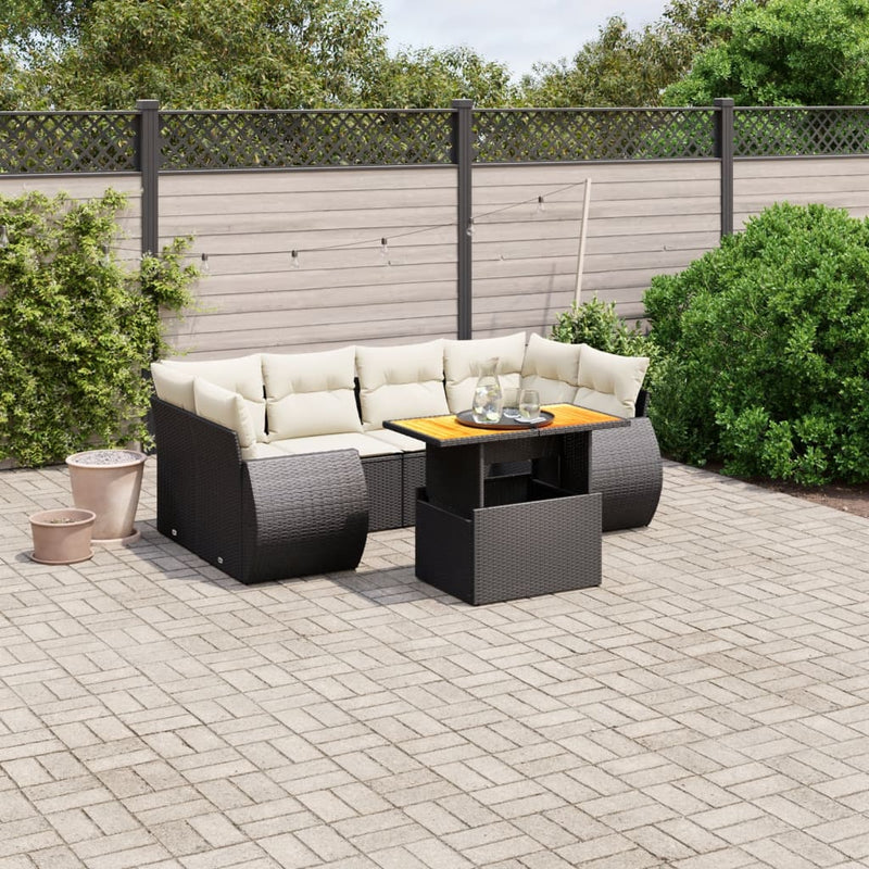 7-delige Loungeset met kussens poly rattan zwart