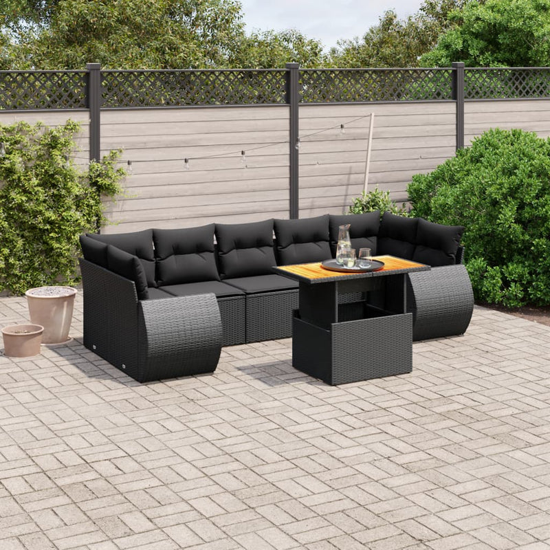 8-delige Loungeset met kussens poly rattan zwart