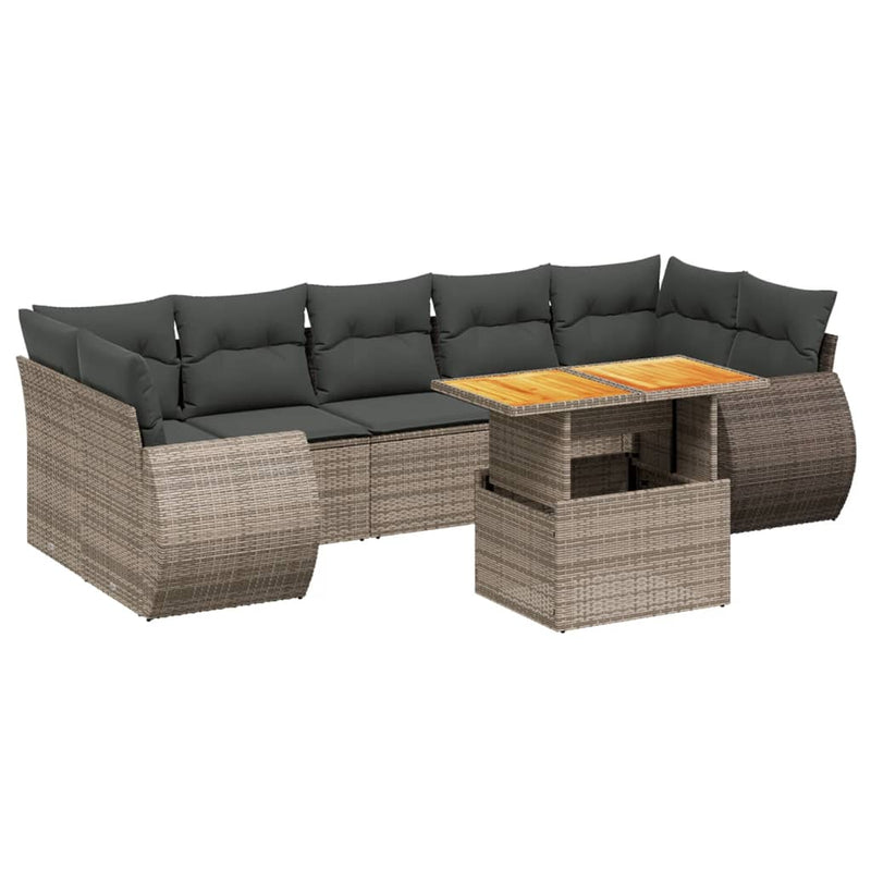 8-delige Loungeset met kussens poly rattan grijs