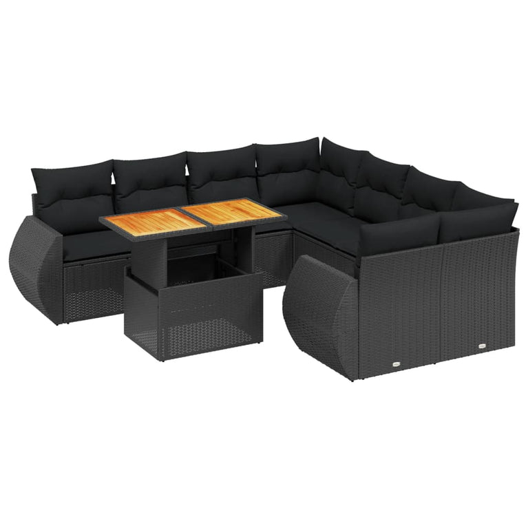 9-delige Loungeset met kussens poly rattan zwart