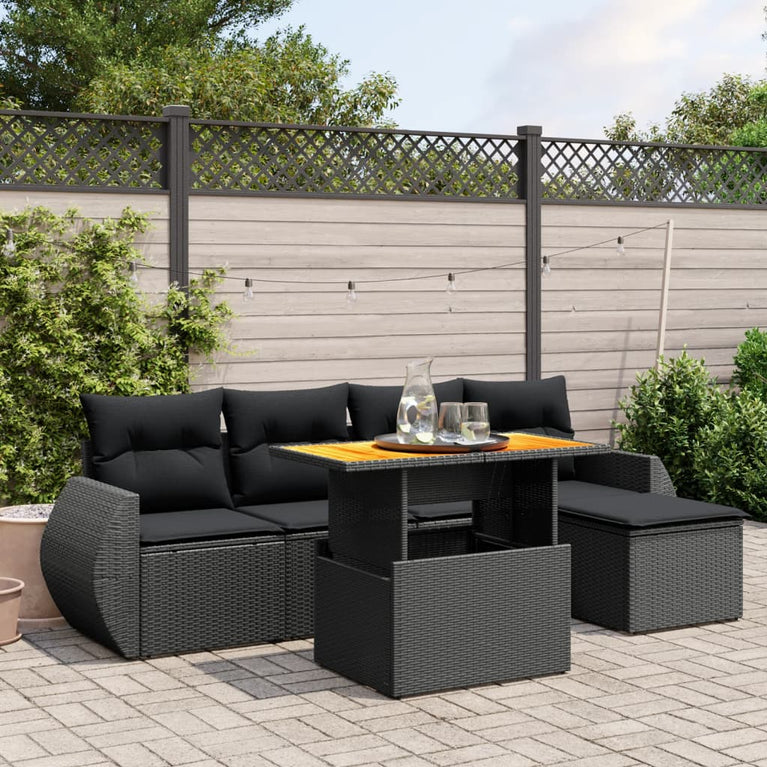 6-delige Loungeset met kussens poly rattan zwart