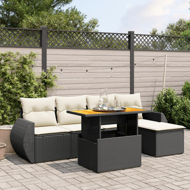 6-delige Loungeset met kussens poly rattan zwart