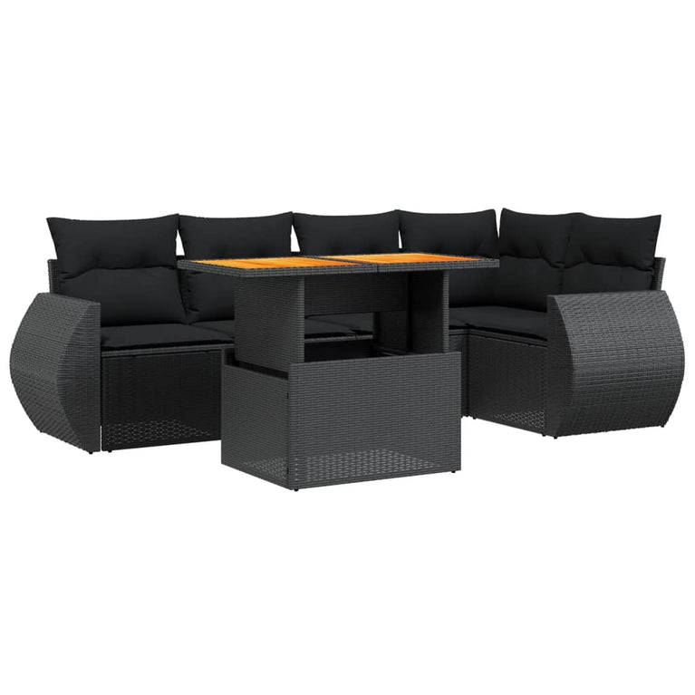 6-delige Loungeset met kussens poly rattan zwart