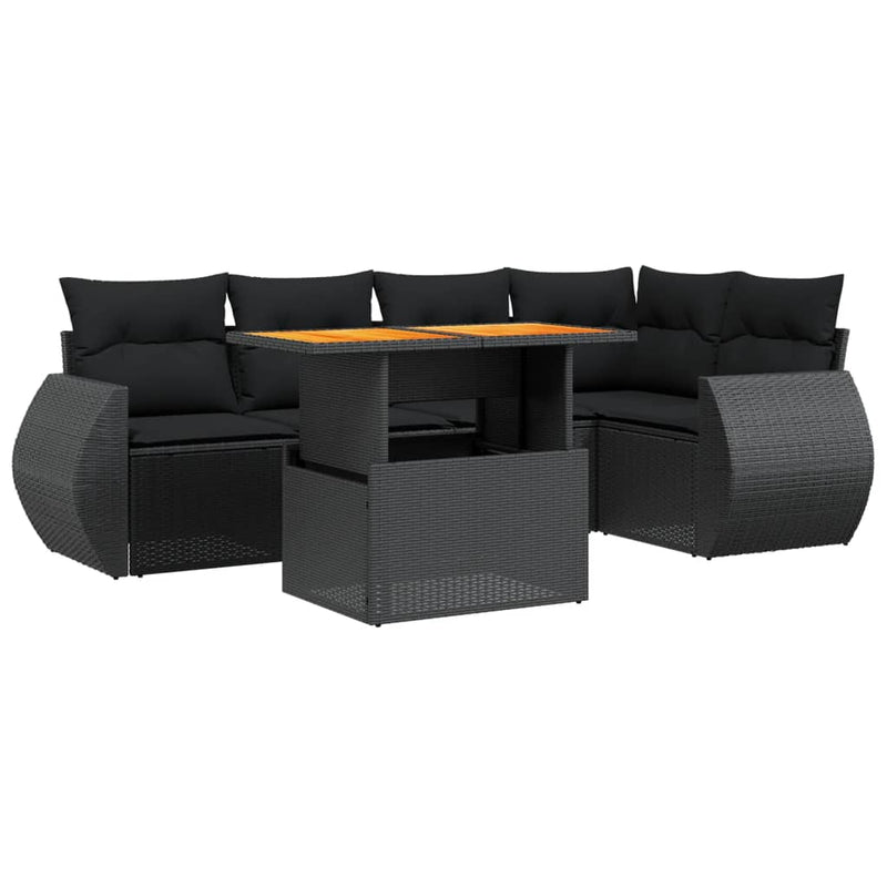 6-delige Loungeset met kussens poly rattan zwart
