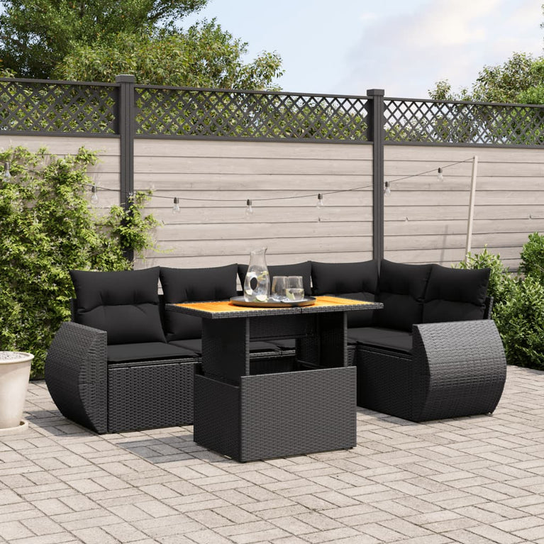 6-delige Loungeset met kussens poly rattan zwart
