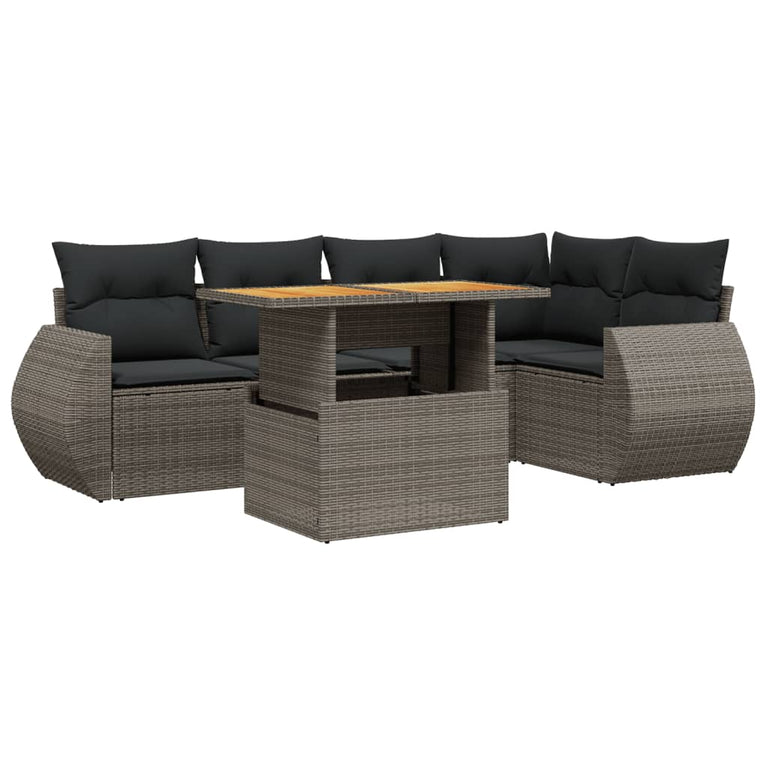 6-delige Loungeset met kussens poly rattan grijs