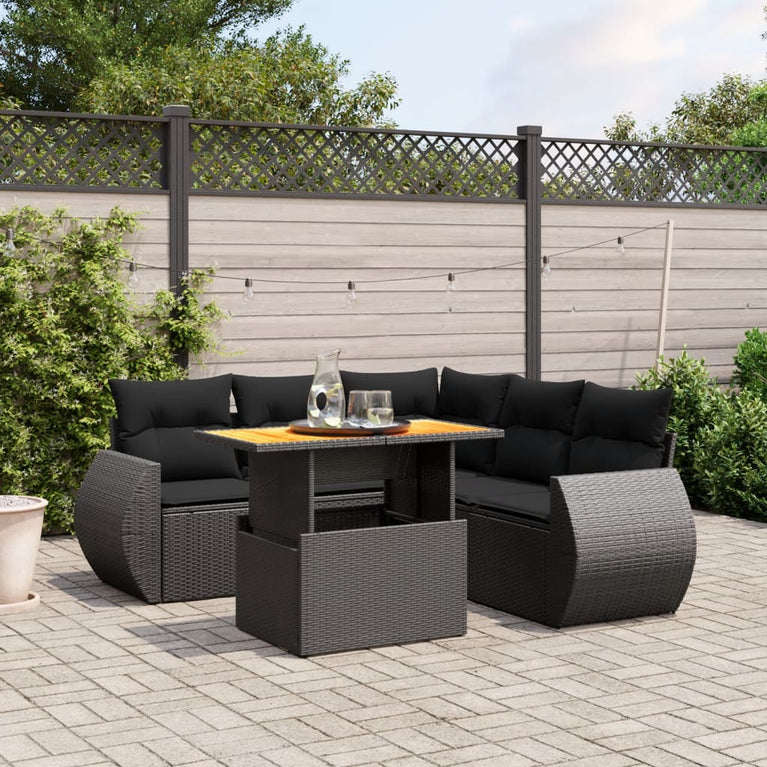 6-delige Loungeset met kussens poly rattan zwart