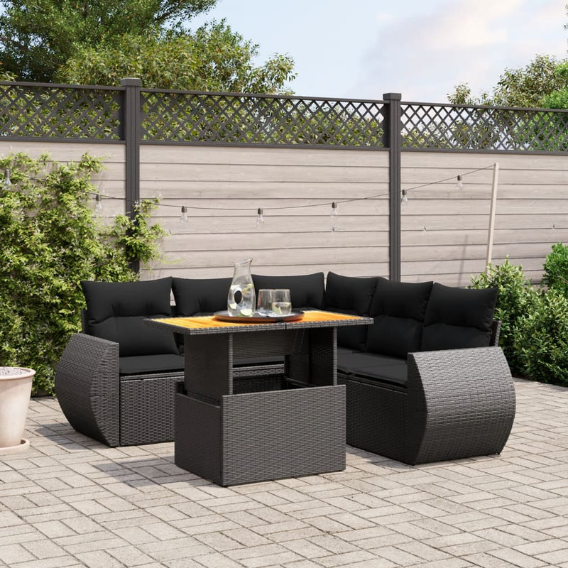 6-delige Loungeset met kussens poly rattan zwart