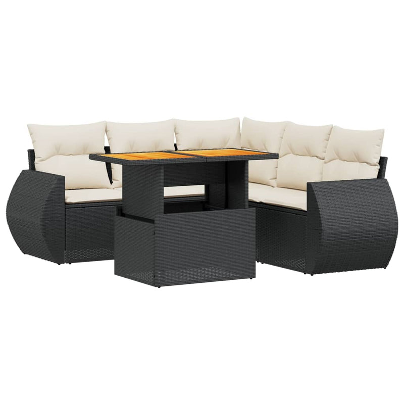 6-delige Loungeset met kussens poly rattan zwart