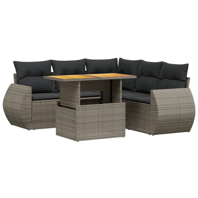 6-delige Loungeset met kussens poly rattan grijs