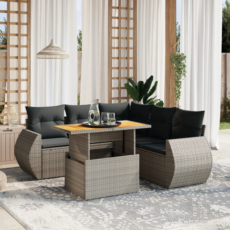 6-delige Loungeset met kussens poly rattan grijs
