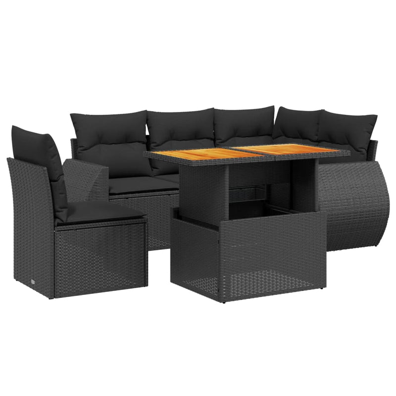 6-delige Loungeset met kussens poly rattan zwart