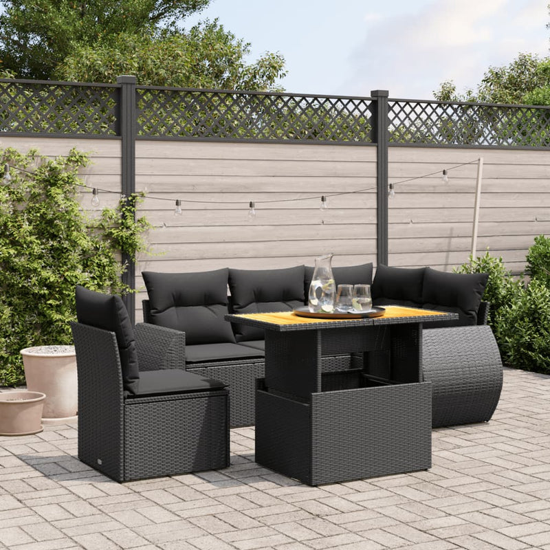 6-delige Loungeset met kussens poly rattan zwart