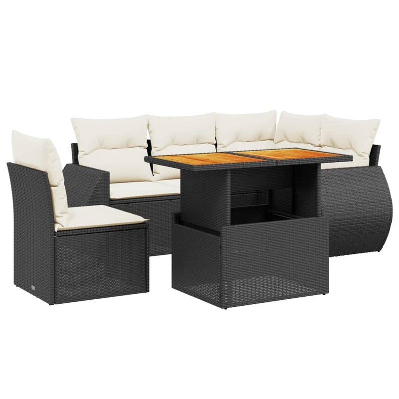 6-delige Loungeset met kussens poly rattan zwart