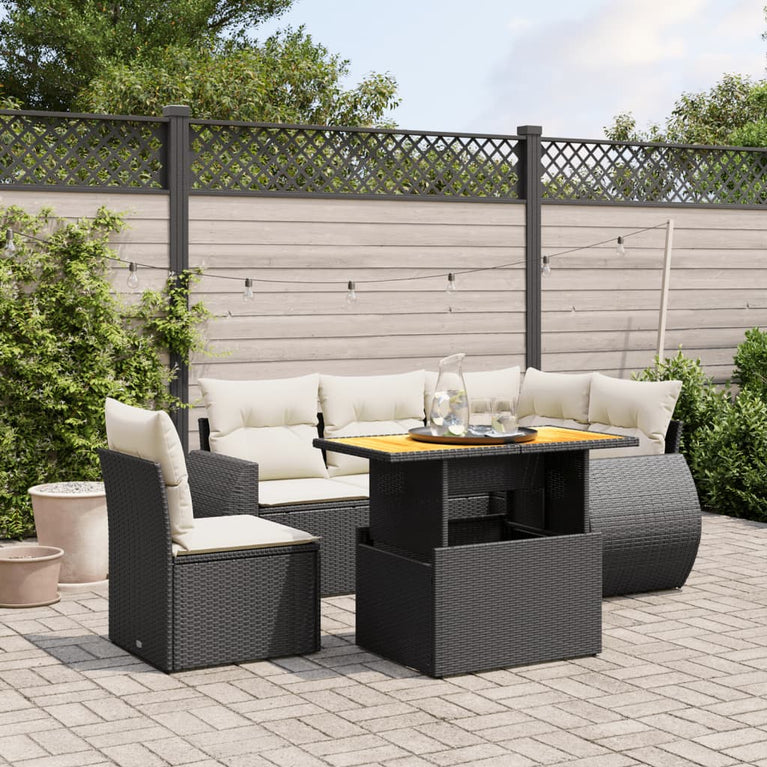 6-delige Loungeset met kussens poly rattan zwart