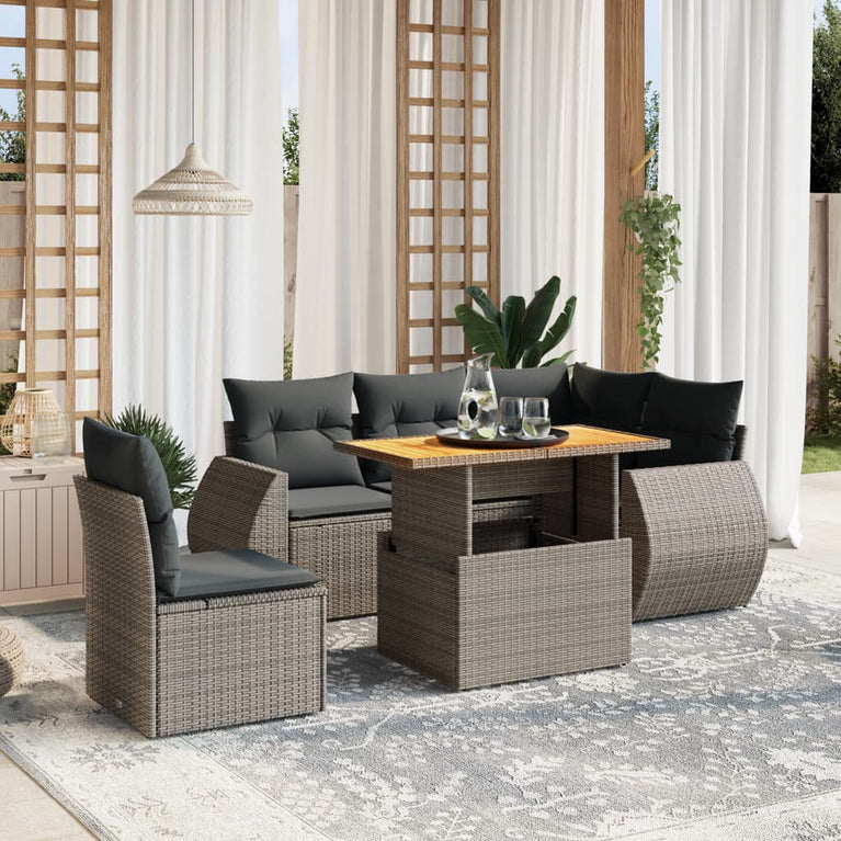 6-delige Loungeset met kussens poly rattan grijs