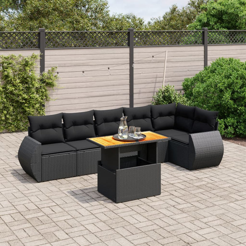 7-delige Loungeset met kussens poly rattan zwart