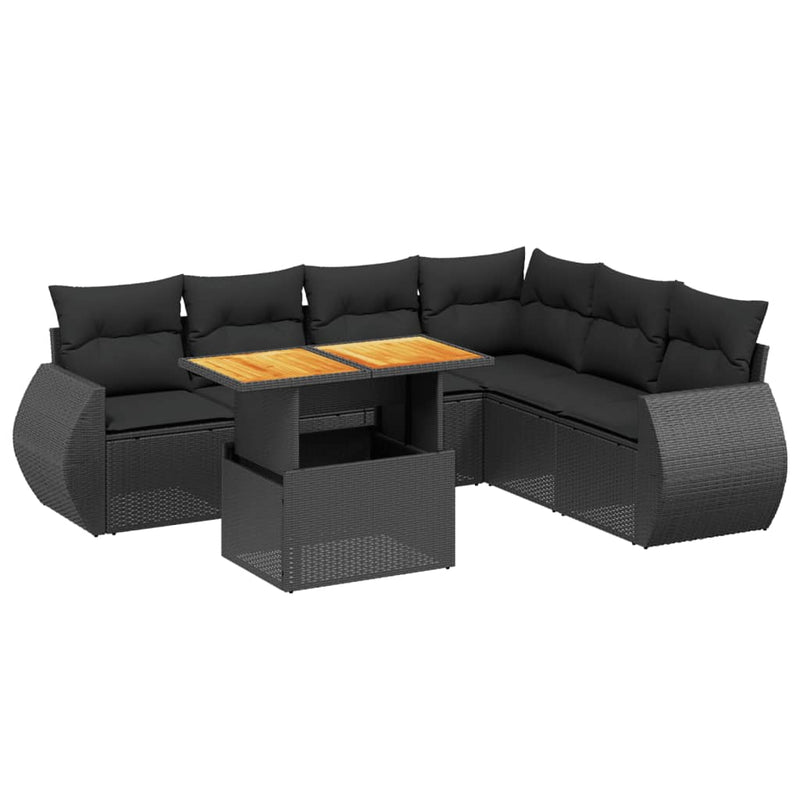 7-delige Loungeset met kussens poly rattan zwart