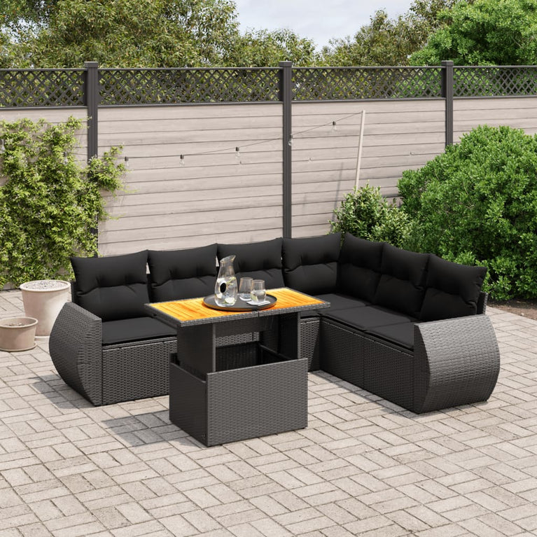 7-delige Loungeset met kussens poly rattan zwart