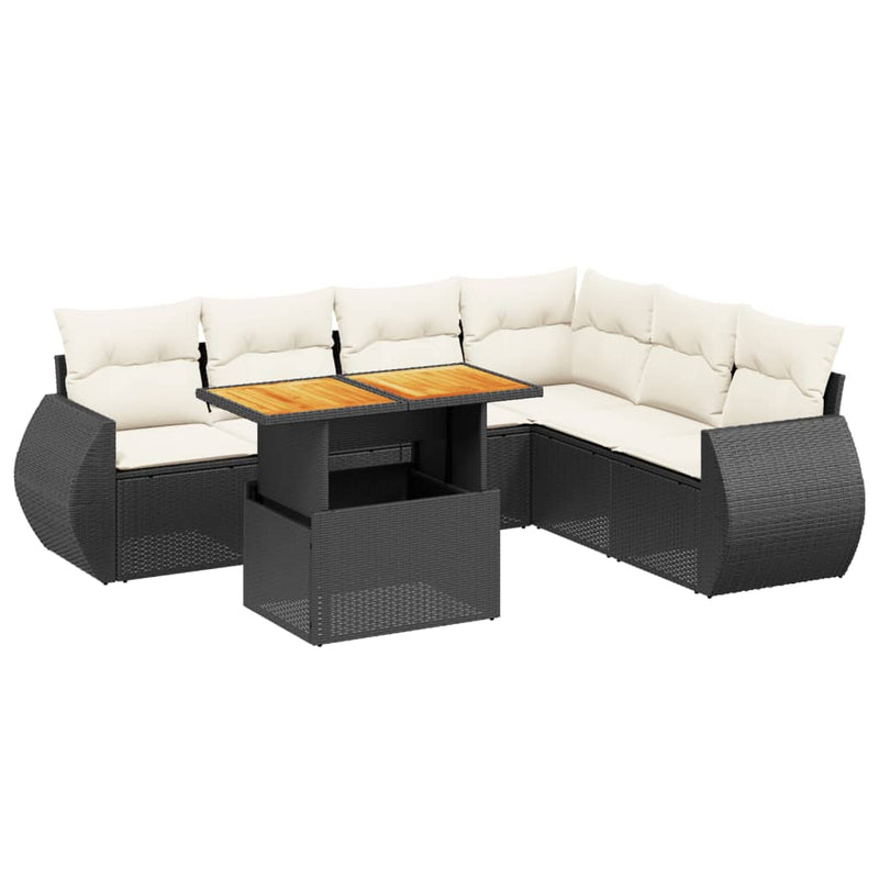 7-delige Loungeset met kussens poly rattan zwart