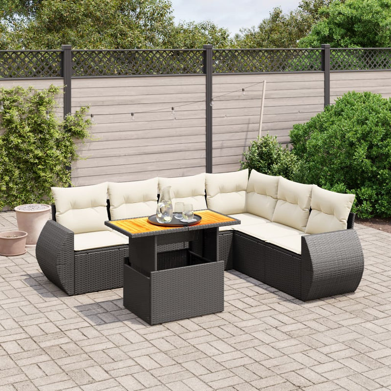 7-delige Loungeset met kussens poly rattan zwart