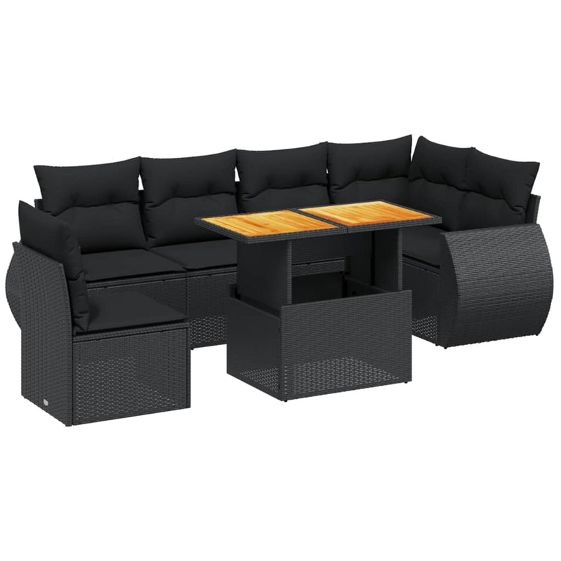 7-delige Loungeset met kussens poly rattan zwart