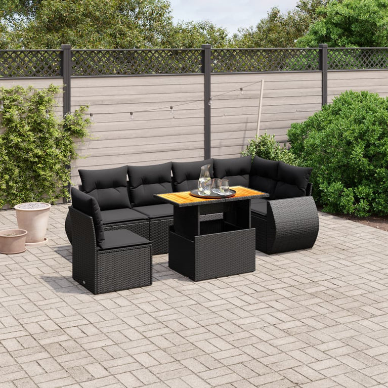 7-delige Loungeset met kussens poly rattan zwart