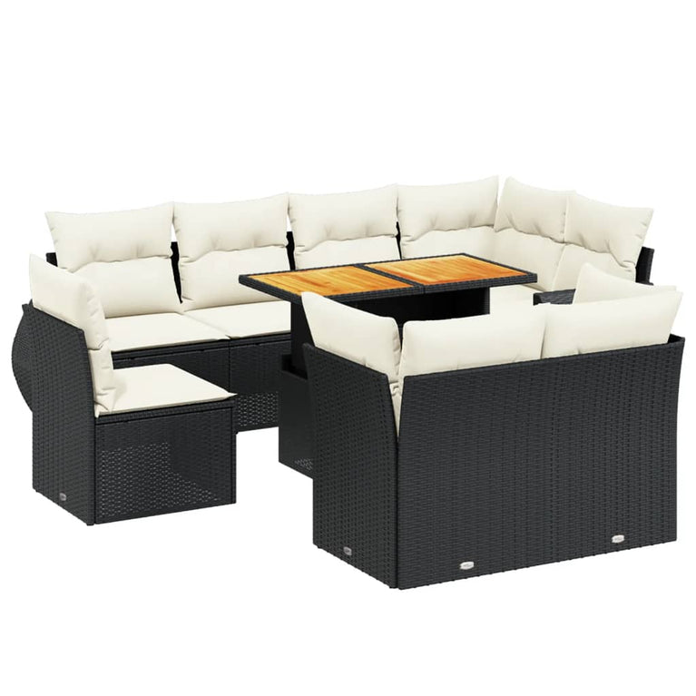 9-delige Loungeset met kussens poly rattan zwart