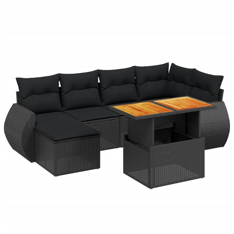 7-delige Loungeset met kussens poly rattan zwart
