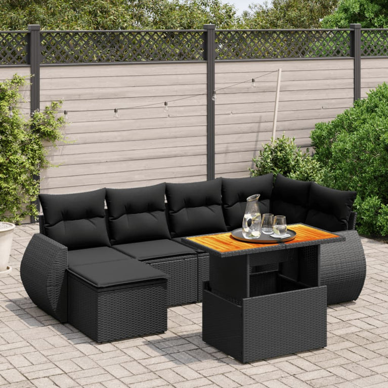 7-delige Loungeset met kussens poly rattan zwart