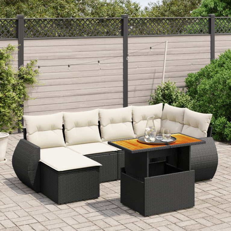 6-delige Loungeset met kussens poly rattan zwart