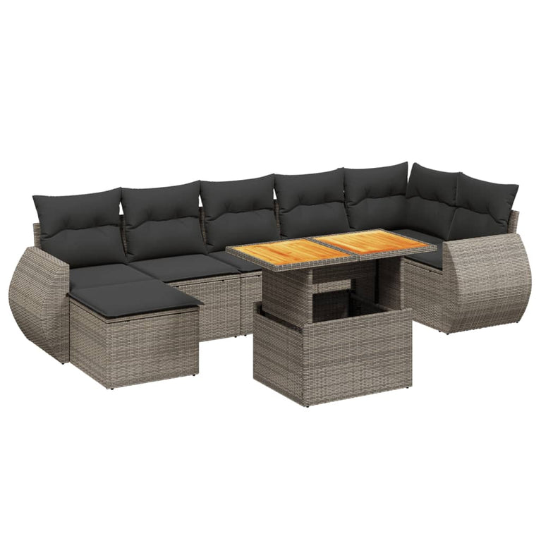 8-delige Loungeset met kussens poly rattan grijs
