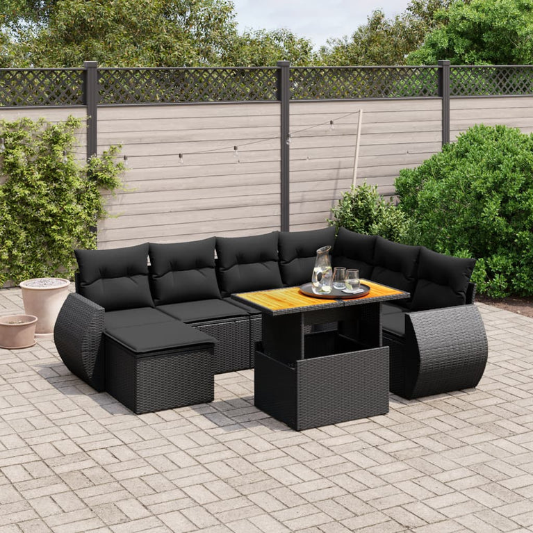 8-delige Loungeset met kussens poly rattan zwart