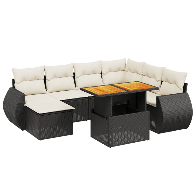8-delige Loungeset met kussens poly rattan zwart