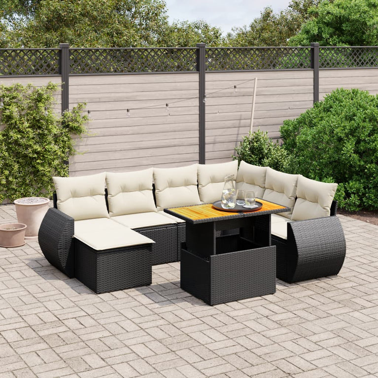 8-delige Loungeset met kussens poly rattan zwart