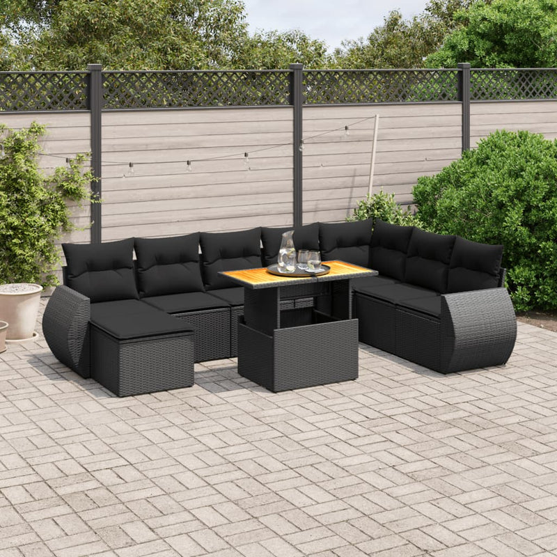 9-delige Loungeset met kussens poly rattan zwart