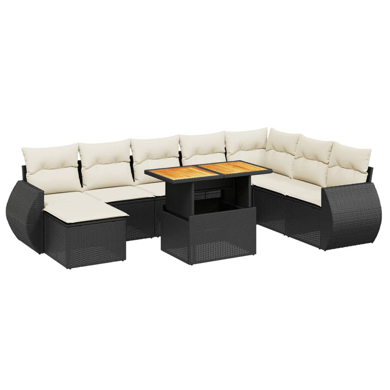 9-delige Loungeset met kussens poly rattan zwart